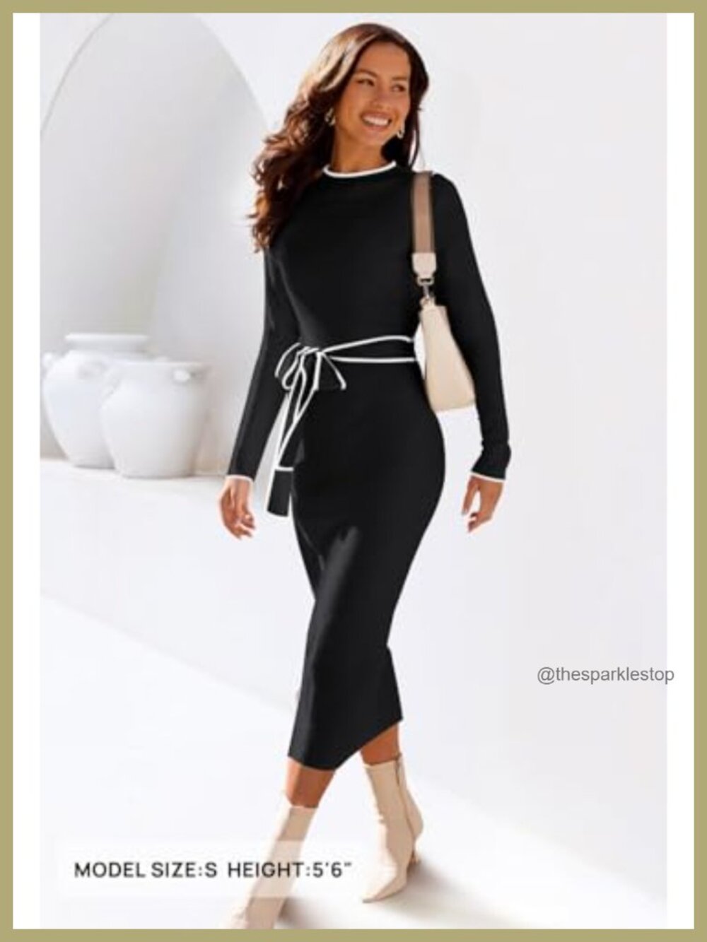 Women's Long Sleeve Bodycon Tie Waist Midi Sweater Dress Ribbed Knit Mock Neck - Picture 5 of 6